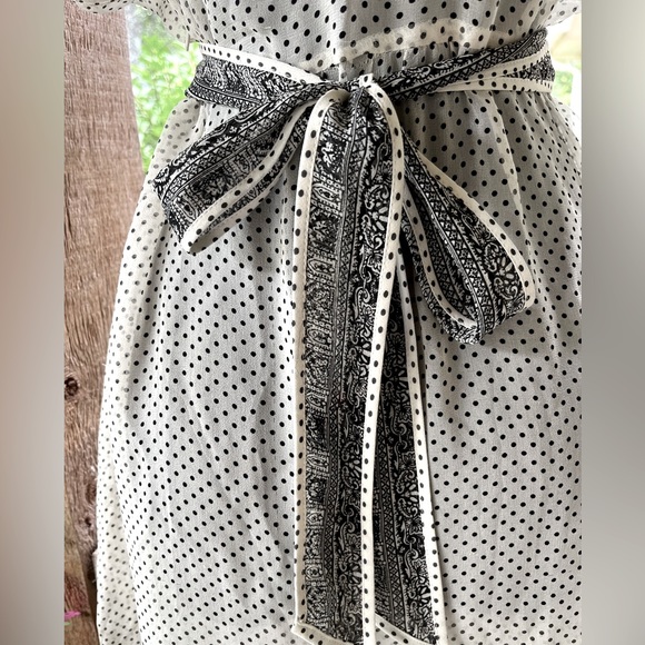 Vintage Adrianna Papell Silk Sheer Ivory & Black Polka Dot Flutter Sleeve Dress - Picture 8 of 12